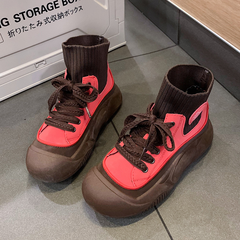 Ddmysports High Top Shoes For Women New Autumn Winter Thick Sole Soft Surface Comfortable Knitted Mouth Single Short Martin Boots Outdoor Shoes