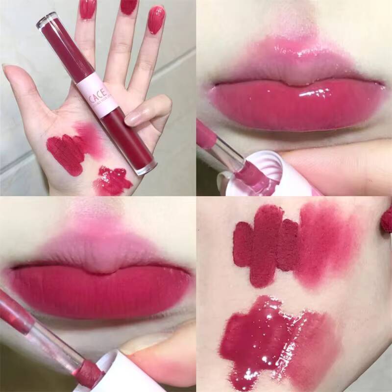 Double Head Sexy Red Makeup Mud Mirror Water Gloss Lip Glaze Matte Lipstick Waterproof Korean Cosmetic happy