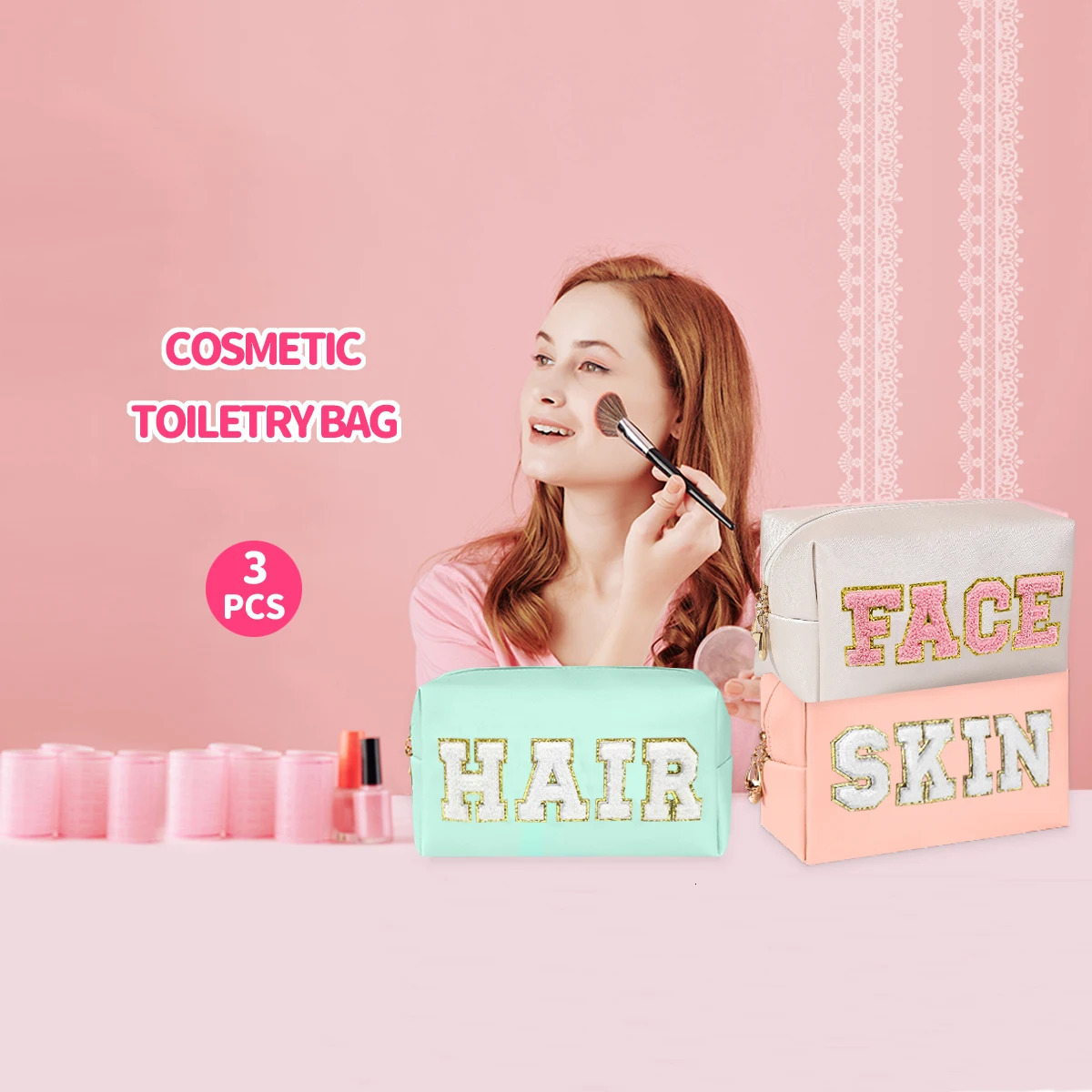 Chenille Letter Cosmetic Bag PU Leather Waterproof Pouch Cute Zipper Organizer Skin Hair and Facezmt 250614