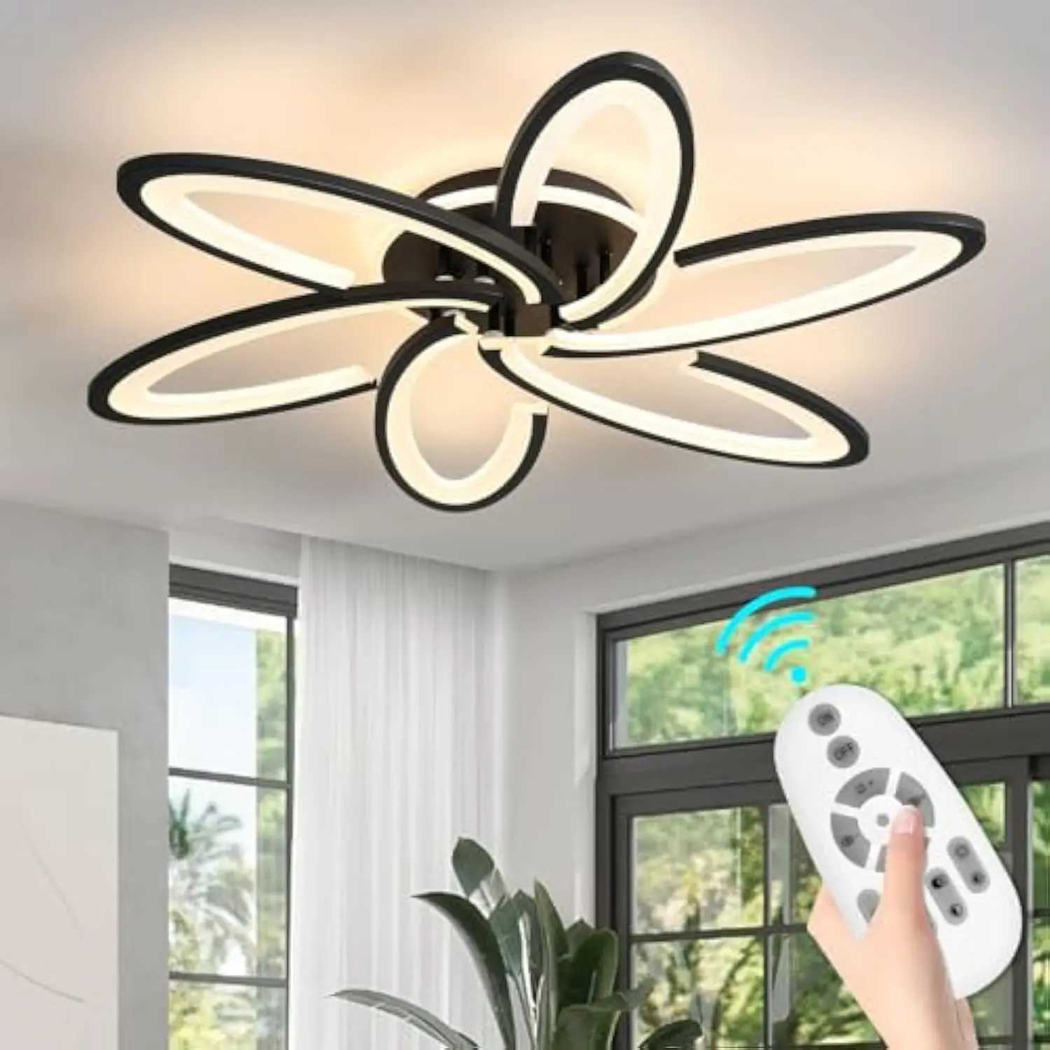 Modern LED Ceiling Light 6+1 Rings 93W Dimmable Ceiling Light Fixtures 29.5 3000K-6500K Flush Mount Black Flower Ceiling Lamp XJ2500613