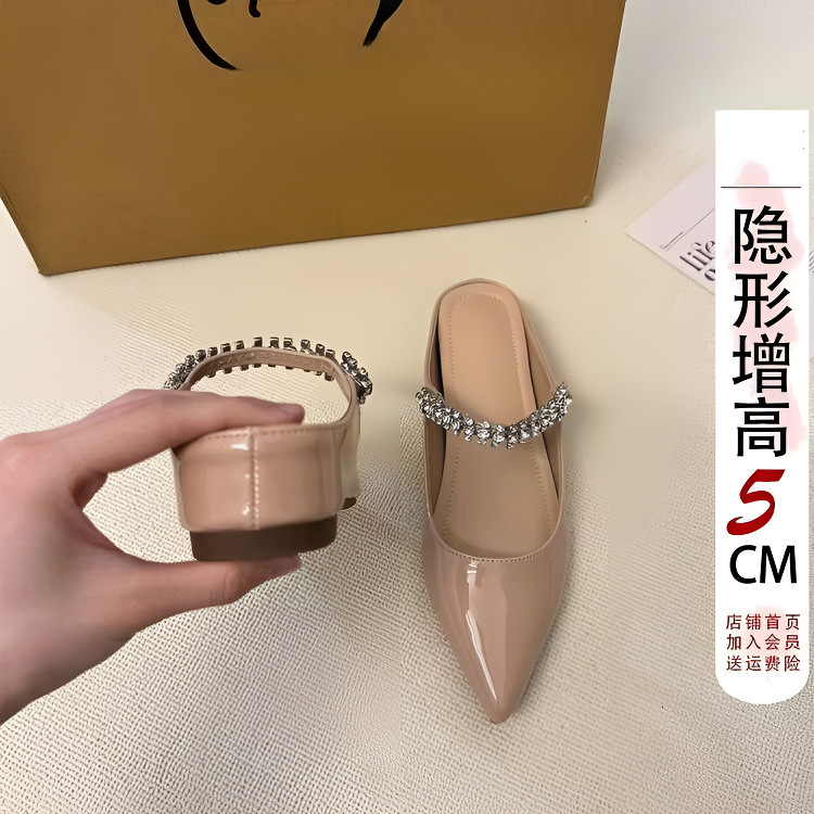 Ddmyoutdoor CM Height Increasing Flat Rhinestone Peep Mules For Women Summer Outdoor Pointed Toe Nude Fairy Style Cool Slippers Outdoor Shoes