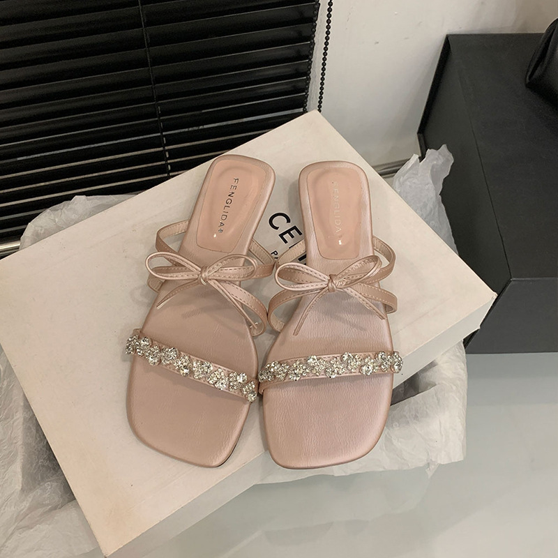 Ddmyoutdoor French Style Flat Rhinestone One Strap Fairy Shoes Outdoor Summer Pink Dress Matching Bowknot Sandals Outdoor Shoes