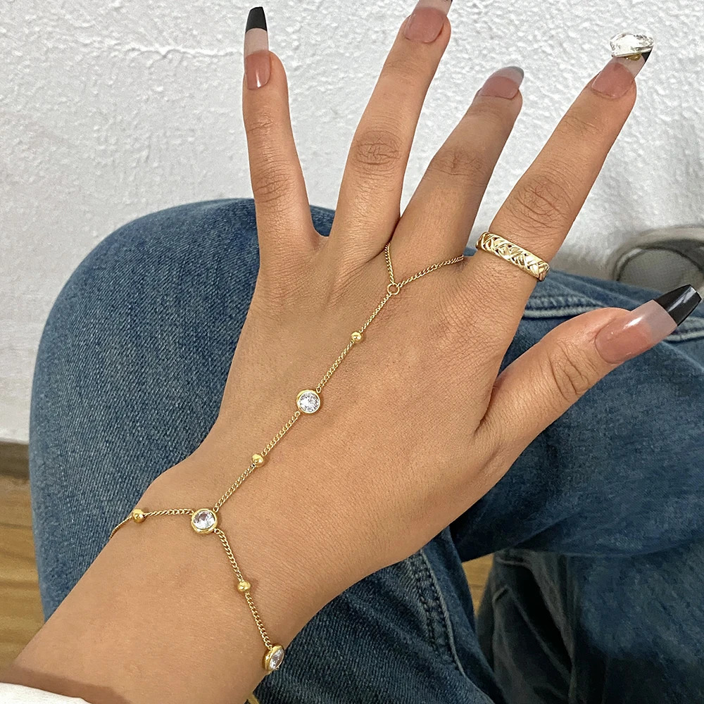 Bohemia Stainless Steel Ring Bracelet Round Rhinestone Hand Chain Bracelet Elegant Gold Plated Summer Hand Jewelry Gift 250610
