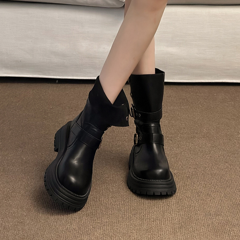 Ddmyoutdoor British Style Martin For Women New Spring And Autumn Single Two Way Mid Calf Thick Sole Black Short Boots Outdoor Shoes