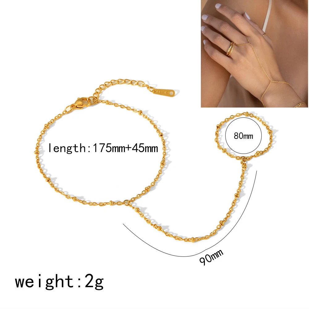 14K Yellow Gold Plated Stainless Steel Hand Chains Bracelet for Women Dainty Cubic Zirconia Bracelet and Ring Chain Body Jewelry 250610