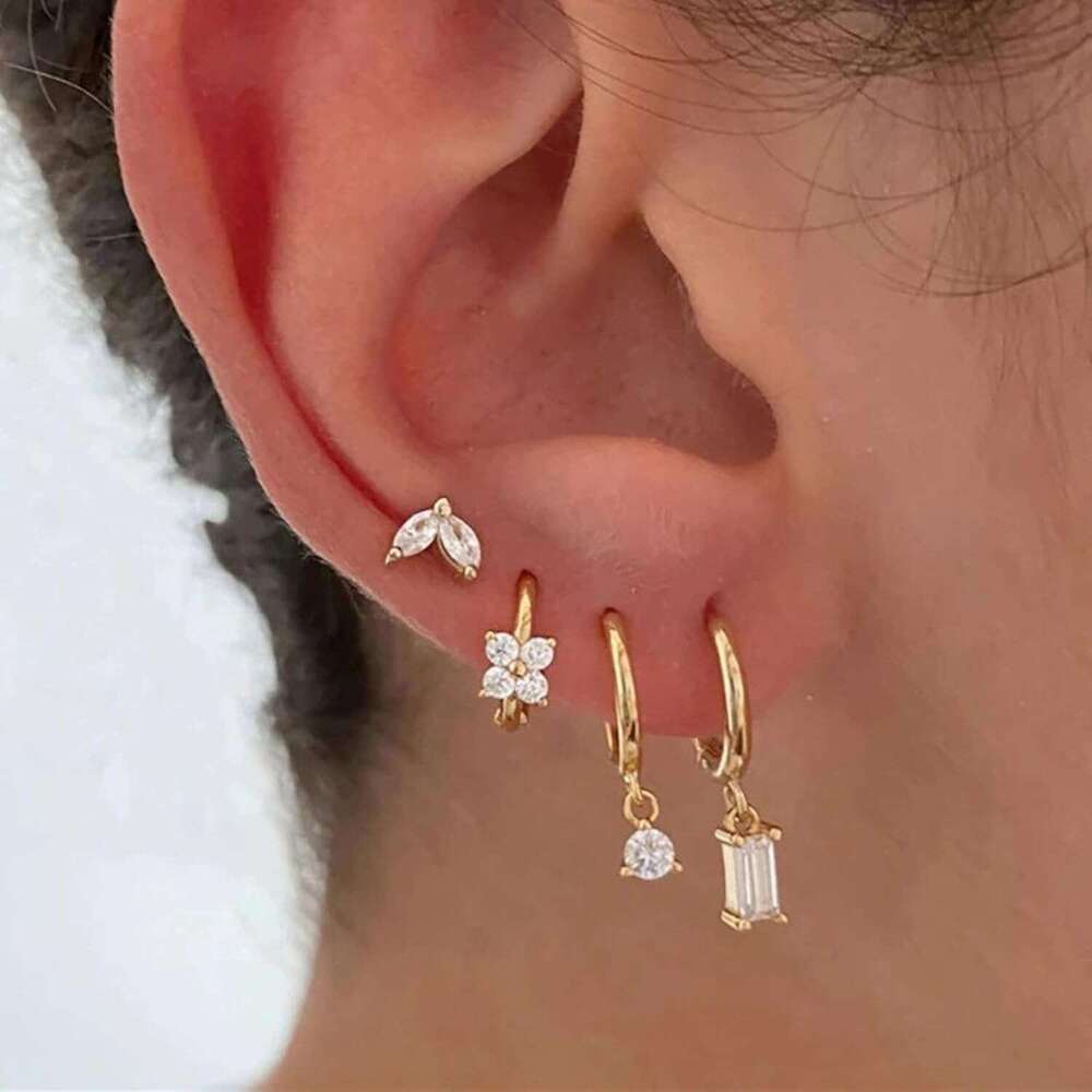 ty Stud 14K Gold Plated CZ Hie Hoop Set Small Dangle Earrings Cute Cartilage Earring Sets for Multiple Piercing Jewelry Gifts