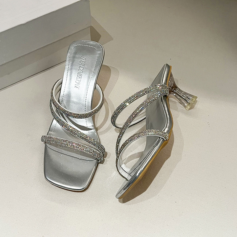 Ddmyoutdoor Two Way Wear Summer Sandals For Women New With Rhinestones Fairy Style Crystal Chunky Heel Internet Celebrity Open Toe High Heels Outdoor 