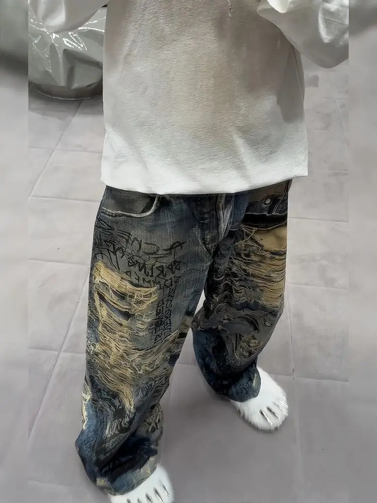 American High Street Big Hole Dirty Dyed Jeans Female Y2K Harajuku Punk Spice Girl Color Printing Extended Mop Pants 250612