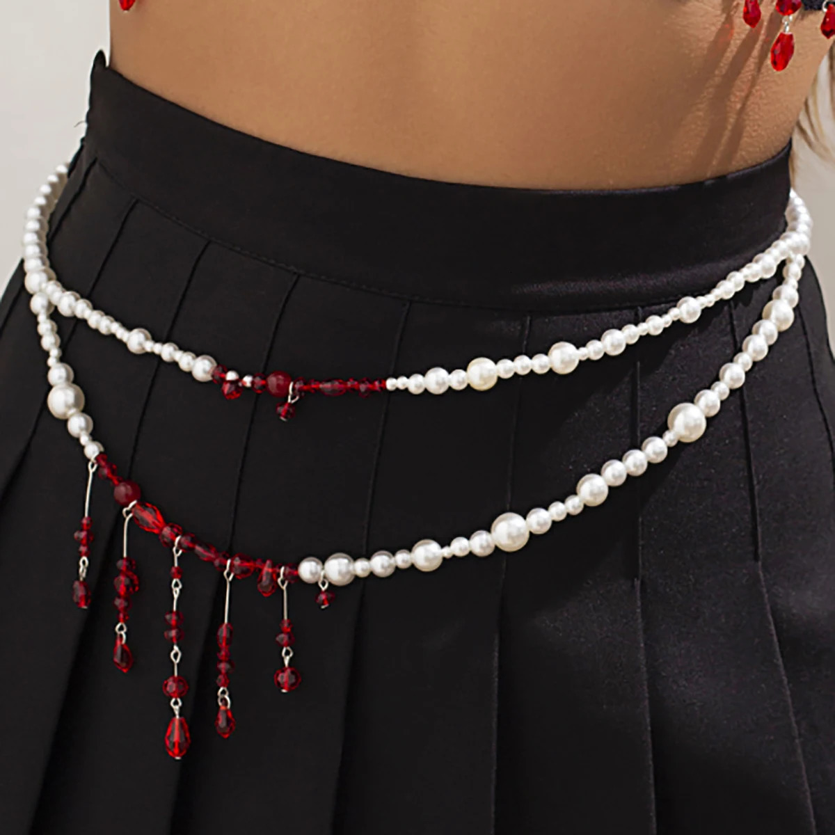 Salircon Punk Pearl Double Layer Waist Chain Gothic Red Crystal Bead Pendant Belly Chain Women Sexy Trend Body Jewelry 250610