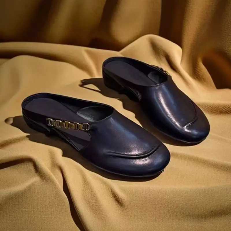 Womens Stylish Genuine Leather Mule Loafers with Metal Buckle Low Heel Slip Flats Casual Driving Shoes XJ250614