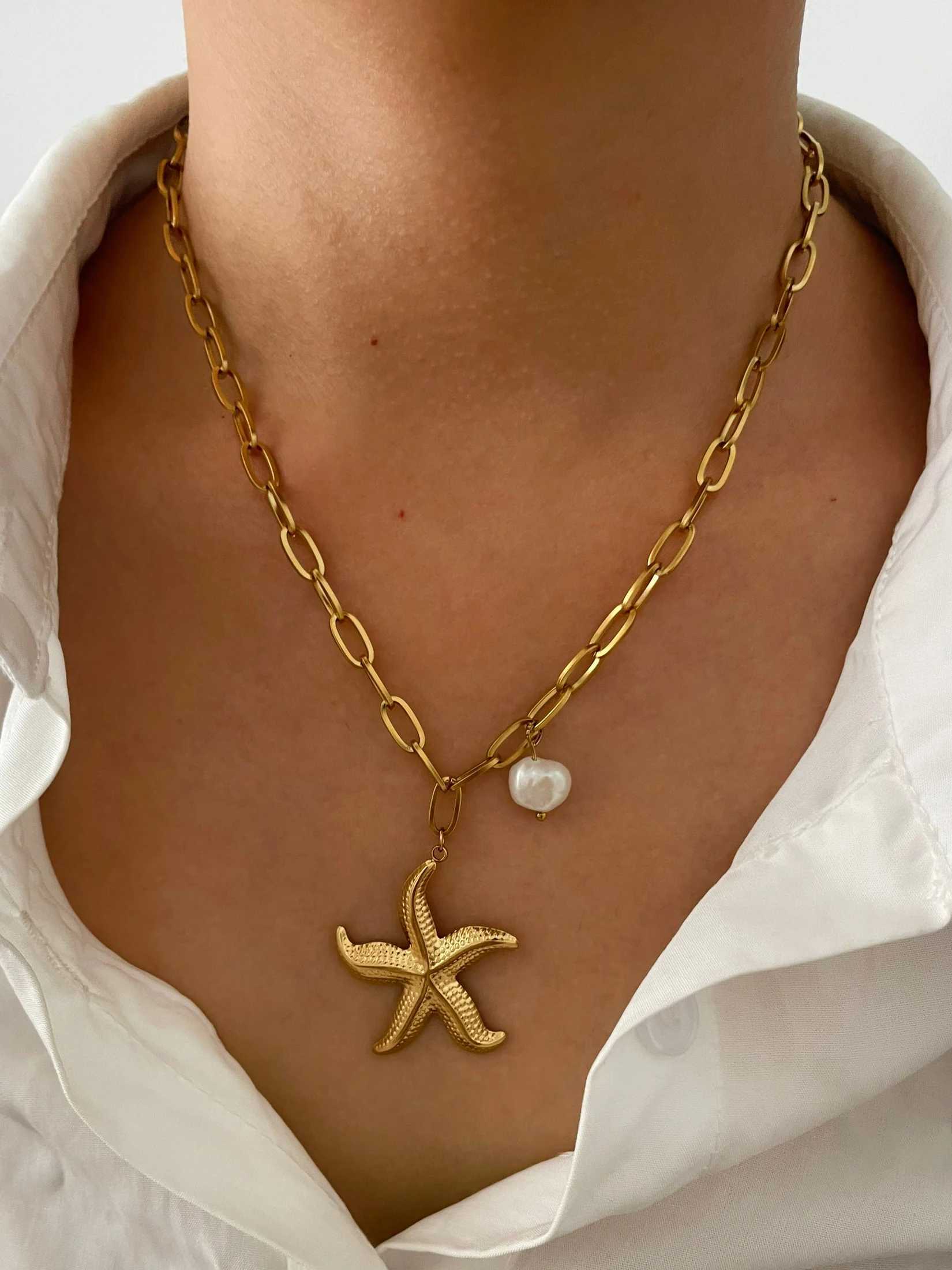 Perisbox 316L Stainless Steel Big Starfish Natural Freshwater Pearl Pendant Necklace for Women Trendy Summer Party Jewelry Gift Z250614
