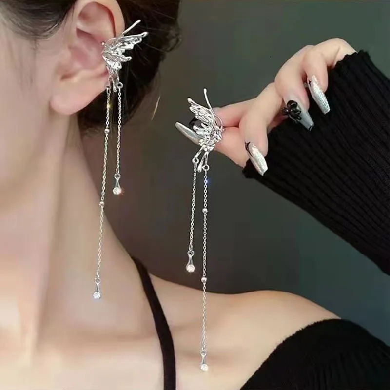 Y2K Goth Elf Butterfly Tassel Ear Clips Angel Ear Bone Earring for Women Piercing Ear Cuff Hanging Earring Punk Jewelry 250610