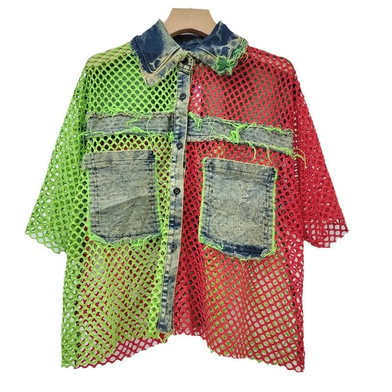 YEAE personalized fashion trend spring and summer contrasting colors mesh spell denim shortsleeved cardigan jacket women 250611