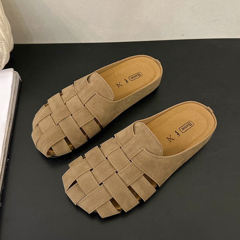 Ddmyoutdoor Ddmyoutdoor Soft Leather Closed Toe Slippers For Women Outdoor Wear Summer Flat Breathable Woven Sandals Lazy Slip On Mules Trendy Shoes O