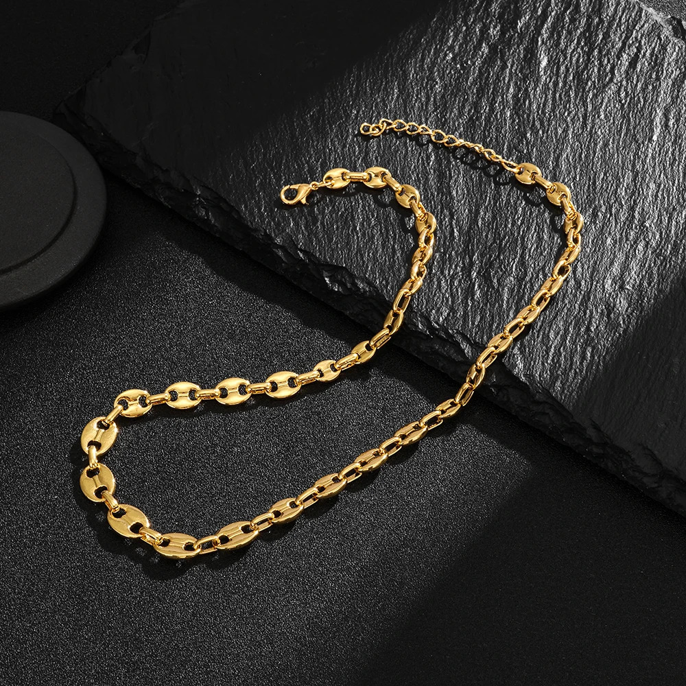 European and American cross-border coffee bean hip-hop golden bracelet earring necklace set lobster buckle stainless steel pig n 250609