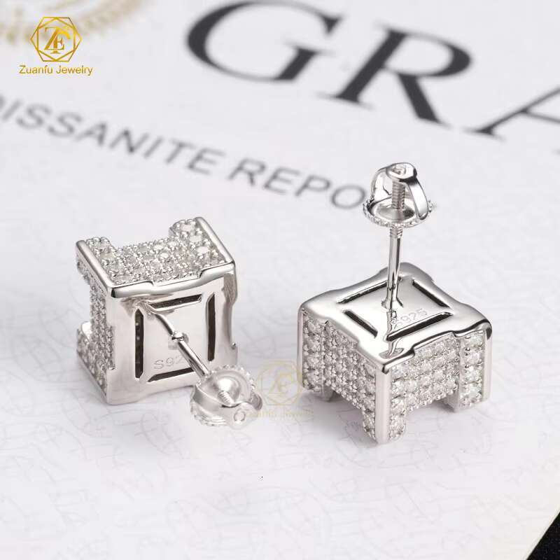 Drop Shipping Iced Out Hip Hop Sterling Silver 925 Silver Gold Plated Screw Back Square Moissanite Diamond Stud Earrings Men