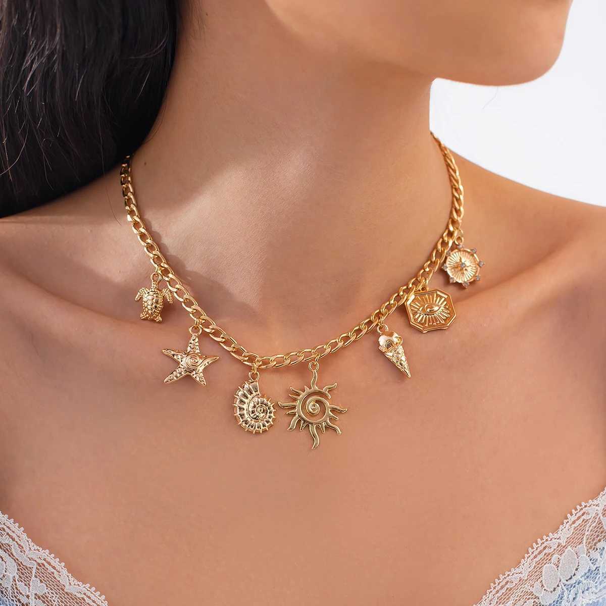 SHIXIN Classic Starfish Coconut Tree Conch Sun Pendant Necklace for Women Gold Color Chain Choker Summer Beach Neck Jewelry Gift Z250614