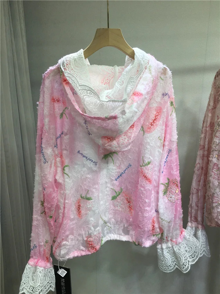 Women Drilling Diamonds Beaded Sunscreen Hoodies Shirts Coat Strawberry Butterfly Lace Spliced Blouses Zipper Cardigan Tops 250611