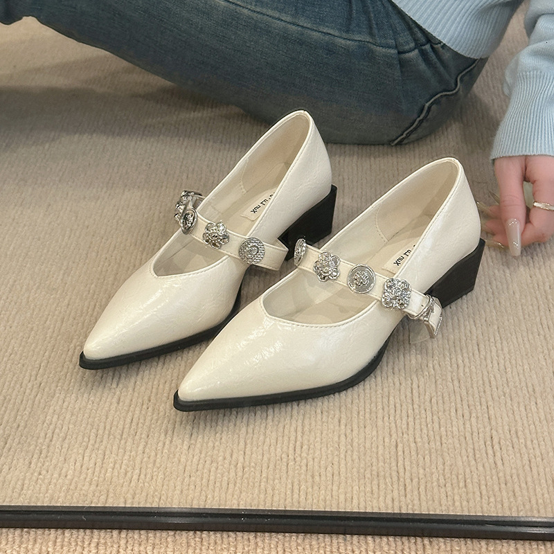 Ddmyoutdoor French Style Pointed Toe Women S With Chunky Heels New Shallow Mouth Commuter Metal Buckle White Mary Jane Shoes Outdoor Shoes