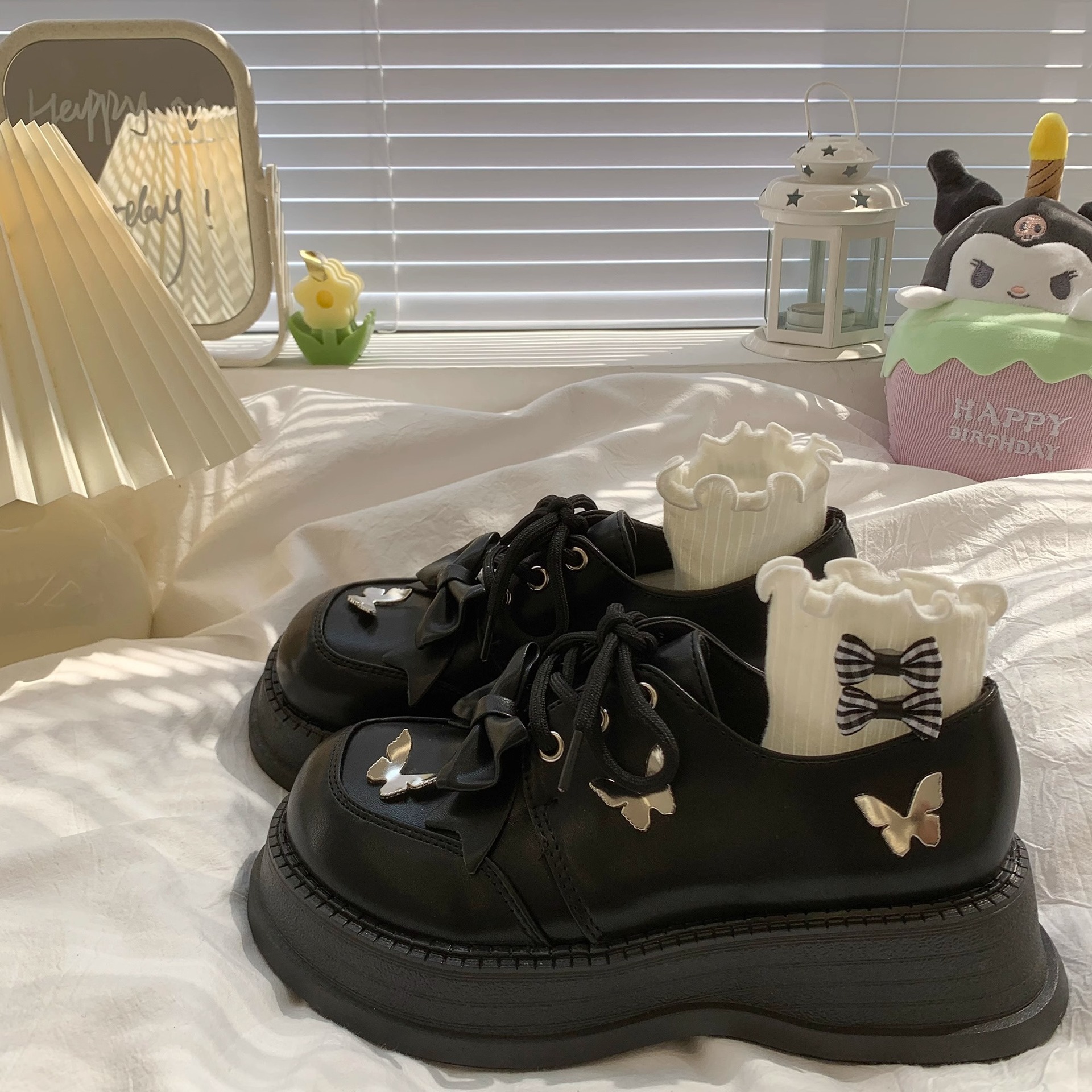 Ddmysports Thick Soled Small Leather Spring New British Style Round Toe Lace Up Bowknot Sweet Cool Mary Jane Shoes Outdoor Shoes