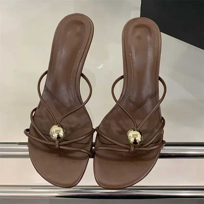 Aneikeh Design Narrow Band Hollow Out Thin Low Heels Women Slippers Fashion Round Head Stripper Party Dress Female Summer Shoes Z250614