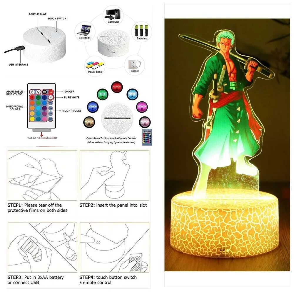 Actions Figure One Piece Luffy Zoro Anime Figures 3D Lamp PVC Action Collection Model Toys LED Night Light Kid Christmas Gift XJ250614