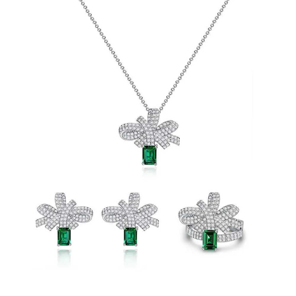 PANSYSEN 100% 925 Sterling Silver 5*7MM Cultivated Emerald Diamond Bowknot Pendant Necklaces for Women Anniversary Party Jewelry Z250614