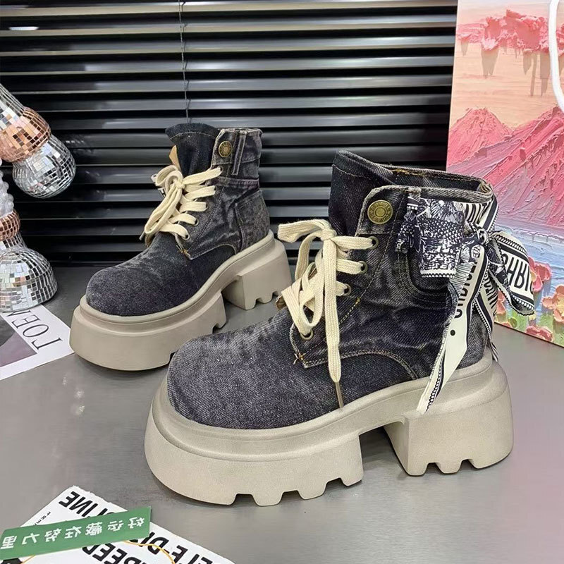 Ddmysports Summer New Canvas Martin For Women Thick Sole Height Increasing French Style With Skirt Bowknot Lace Up Single Boots Outdoor Shoes