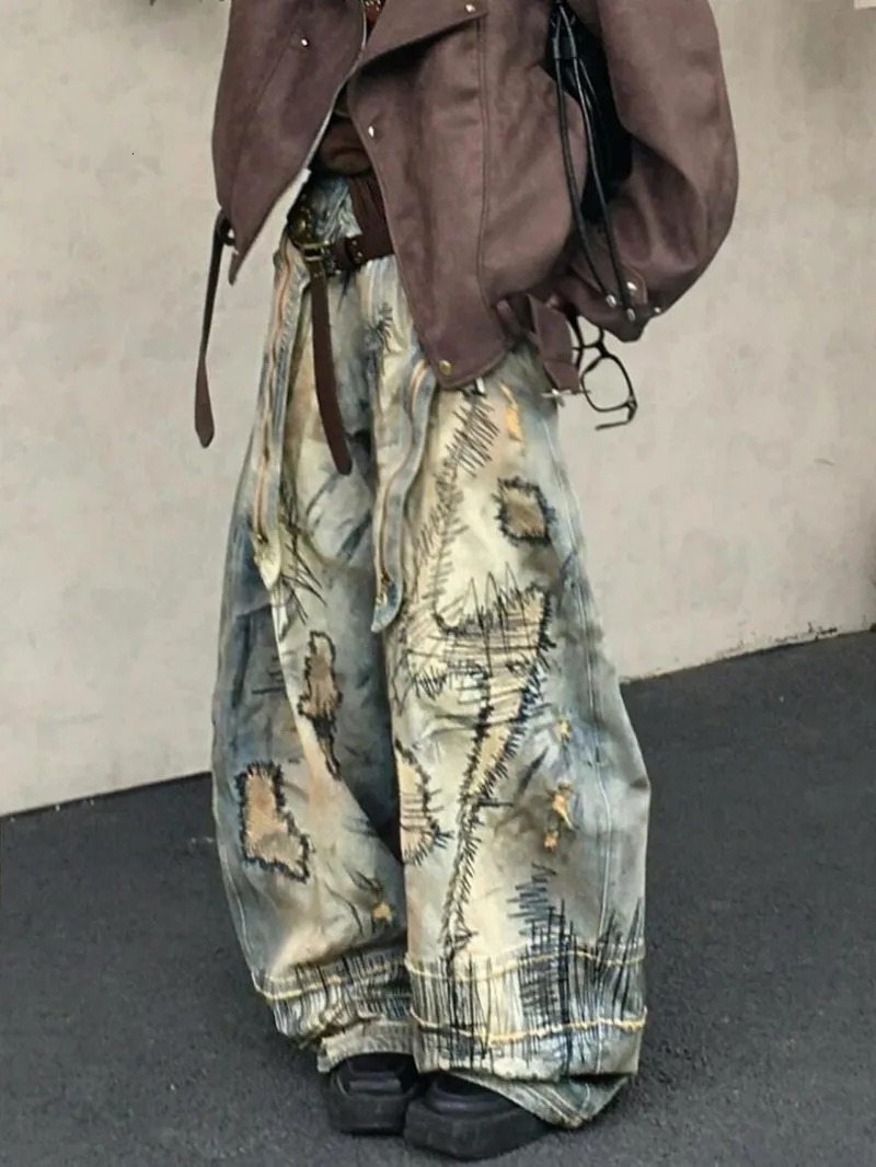 American Street Destruction Style ed Denim Pants Oversized Retro Wash Personality Fashion Loose Casual Wide Leg Jeans 250612