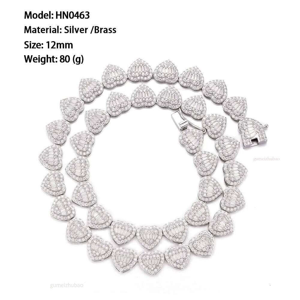 Iced Out Sier Hip Hop Jewelry 12mm Heart Shape Cz Moissanite Tennis Necklace Chain