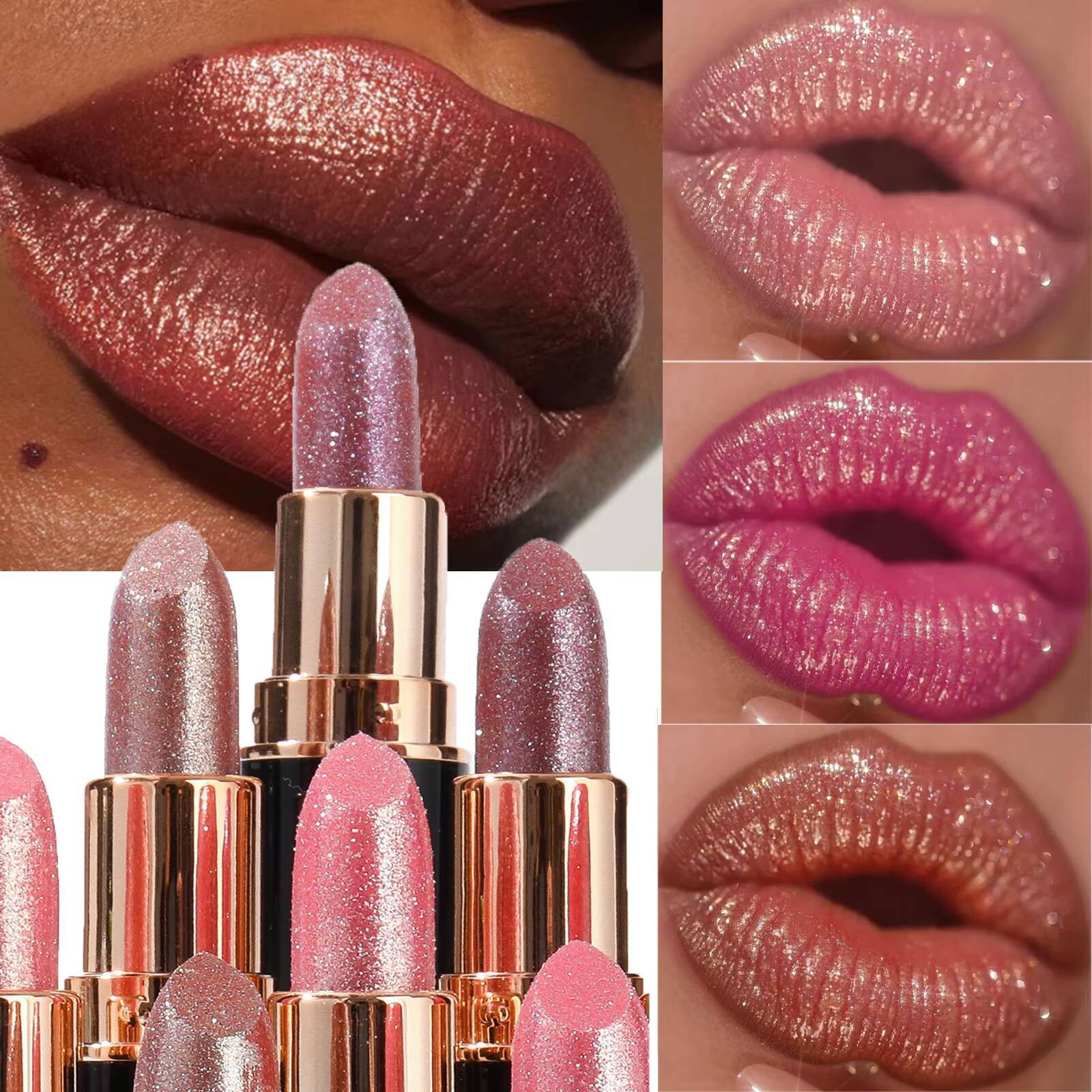 Matte Glitter Lipstick Waterproof Lasting Moisturizing Diamond Glaze Sexy Nude Shimmer Black Tube Lip Tint Makeup happy