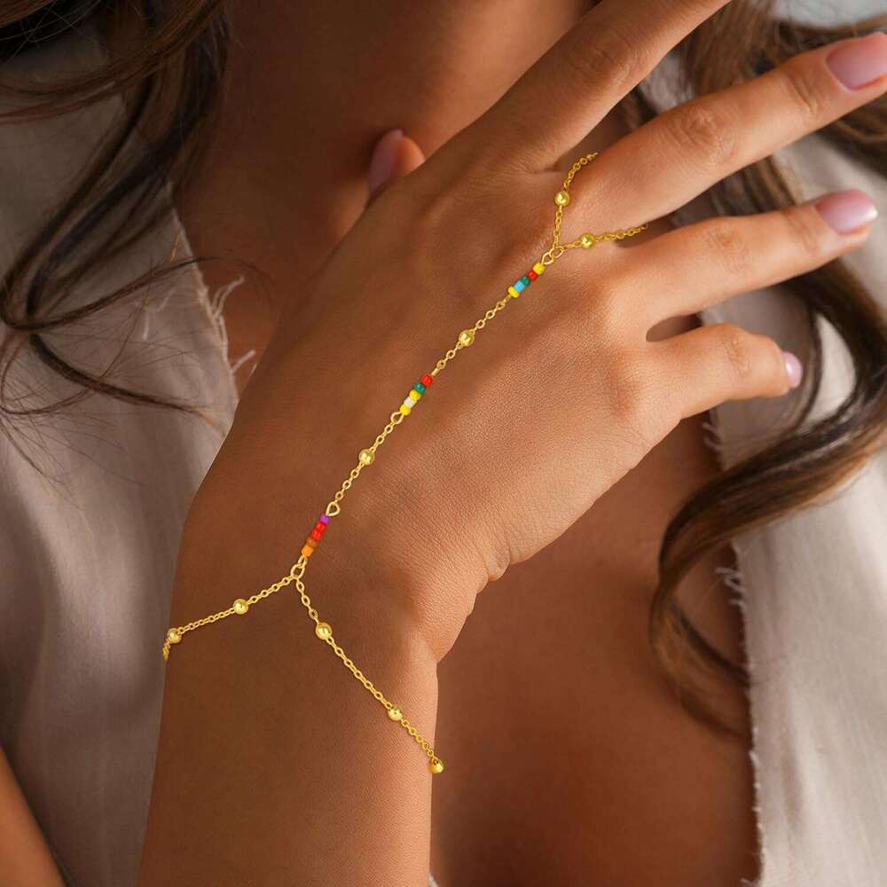 - 14K Real Plated Dainty Stackable Paperclip Link Hand Chain Bracelet Ring Gold Bracelets for Women Trendy