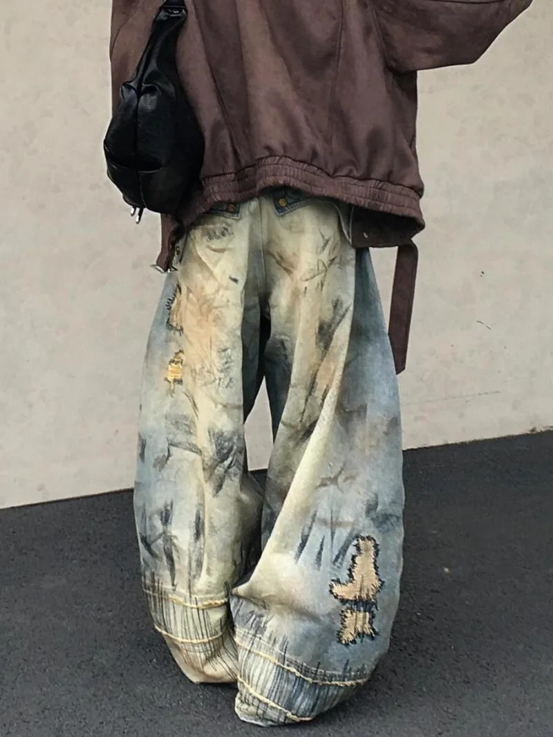 American Street Destruction Style ed Denim Pants Oversized Retro Wash Personality Fashion Loose Casual Wide Leg Jeans 250612