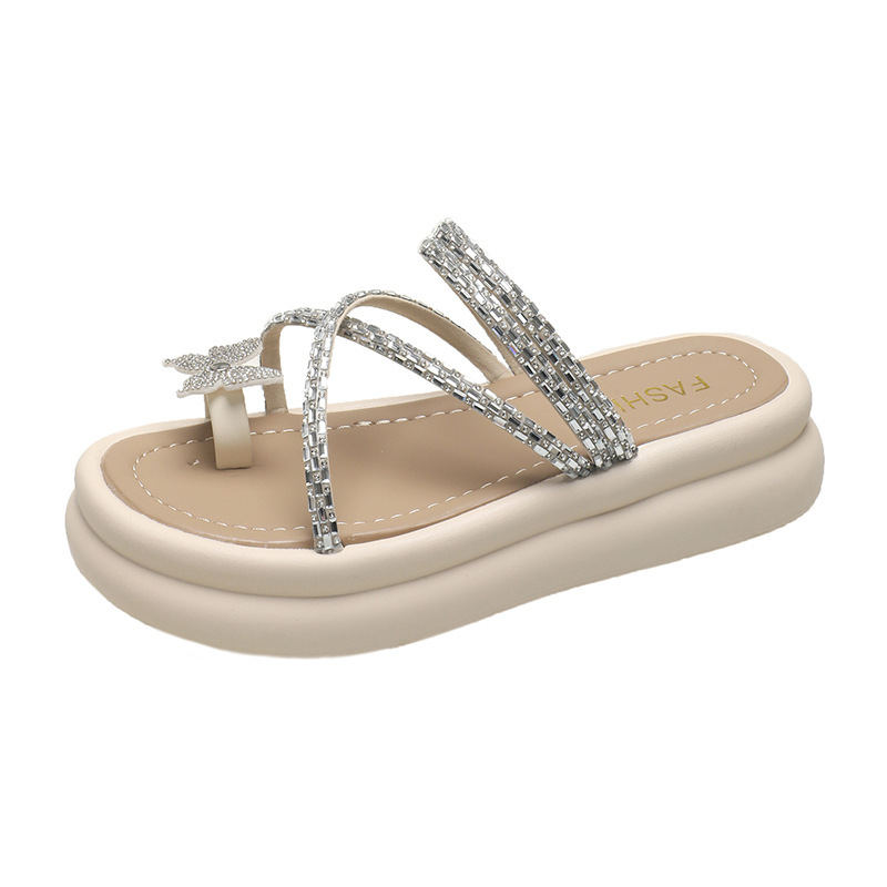 Ddmyoutdoor Thick Soled Women S Summer Outdoor Slippers New Style With Shiny Rhinestones Cross Straps Butterfly Toe Ring Roman Sandals Outdoor Shoes