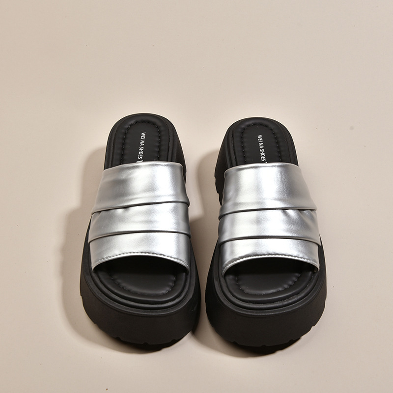 Ddmyoutdoor Wrinkled Leather Thick Soled One Strap For Women Summer New Versatile Casual Outdoor Platform Height Increasing Sandals Outdoor Shoes