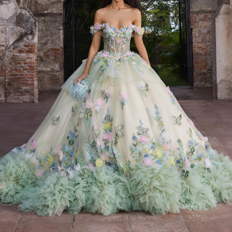Green Quinceanera Dresses Ball Gown Off The Shoulder Applique Flower Bow Beads Tull Tiered Sweet 16 Dress Vestidos 15 De Anos