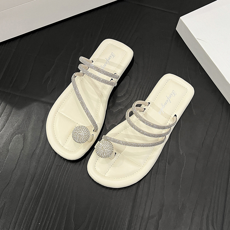 Ddmyoutdoor Flat Sandals For Women Summer Outdoor New Rhinestone Fairy Style Soft Sole Non Slip Toe Post Beach Slippers Outdoor Shoes