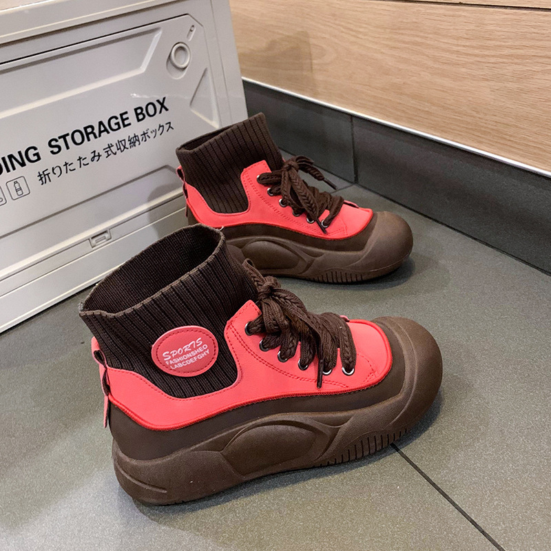 Ddmysports New Color Block High Top Martin Sock For Women Leather Soft Thick Sole Height Increasing Fashion Boots Outdoor Shoes