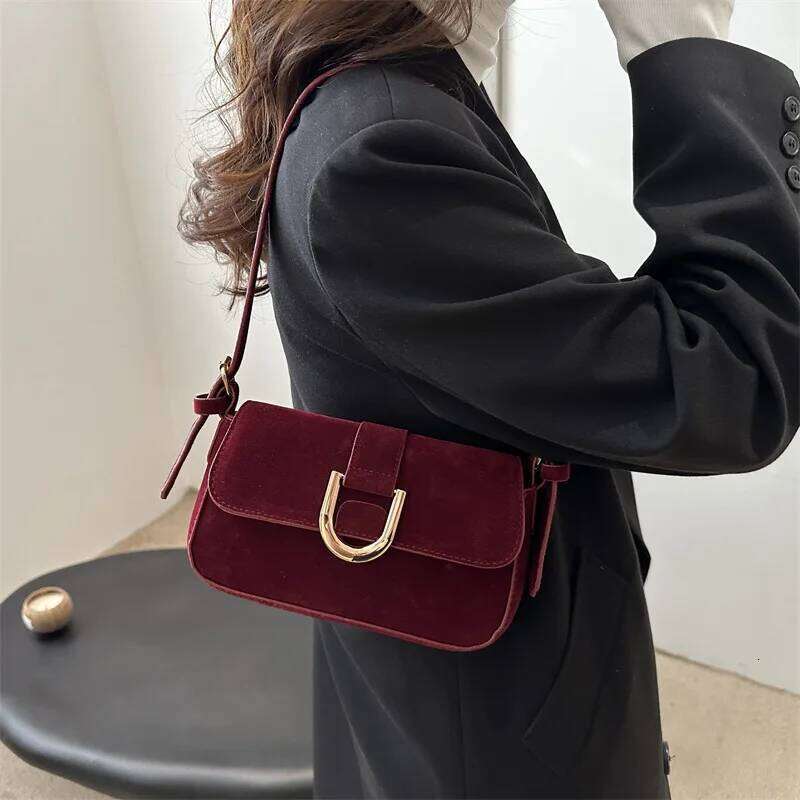 Classic Suede Horseshoe Buckle Casual Crossbody Soild Color Small Shoulder Bag with Zipper Closure Women Clutch Purse