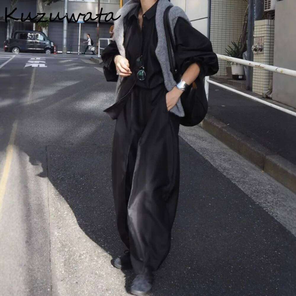 Kuzuwata Haruku Streetwear Turn-down Collar Loose Blusa Slim Lantern Sleeve Advanced Casual Crop Top Japan Profile Simple Tops