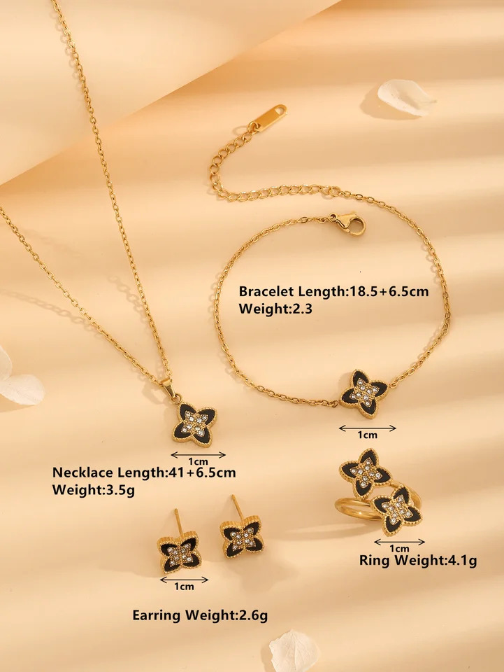 5pcs Stylish And Versatile Personalized Stainless Steel Necklace Bracelet Ring Earring Jewelry Set Flower With Rhinestone 250609
