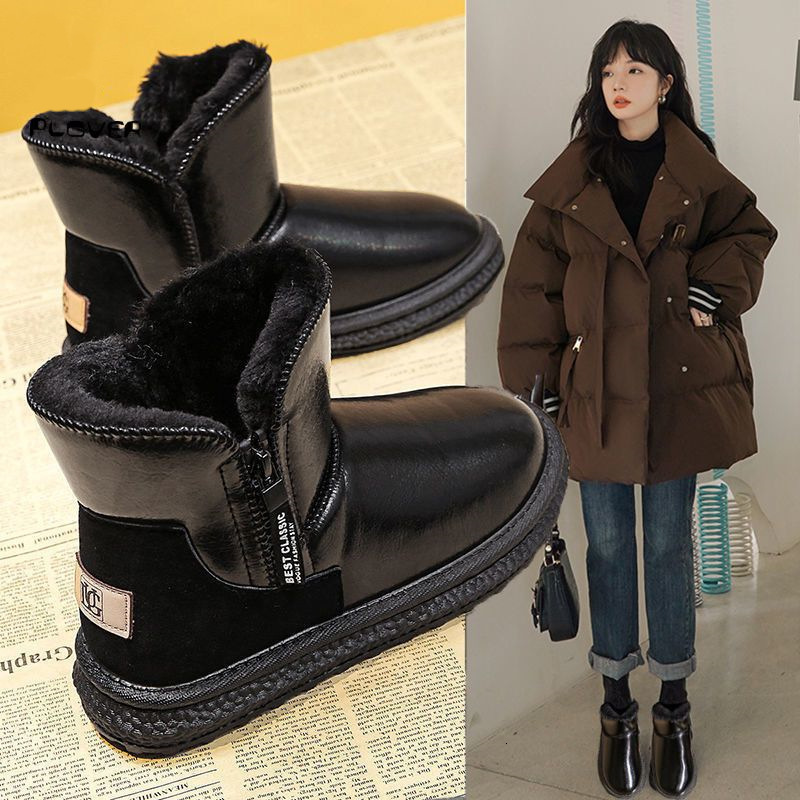 Ddmysports Women S Snow New Style Fleece Lined Thickened Mid Calf Waterproof Non Slip Leather And Wool Integrated Winter Warm Cotton Shoes Boots Outdo