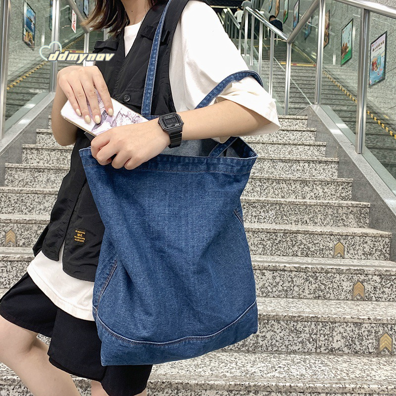 Korean Style Harajuku Denim Canvas for Women Simple Shoulder Large Capacity Solid Color Student Class Tote Bag ddmynov