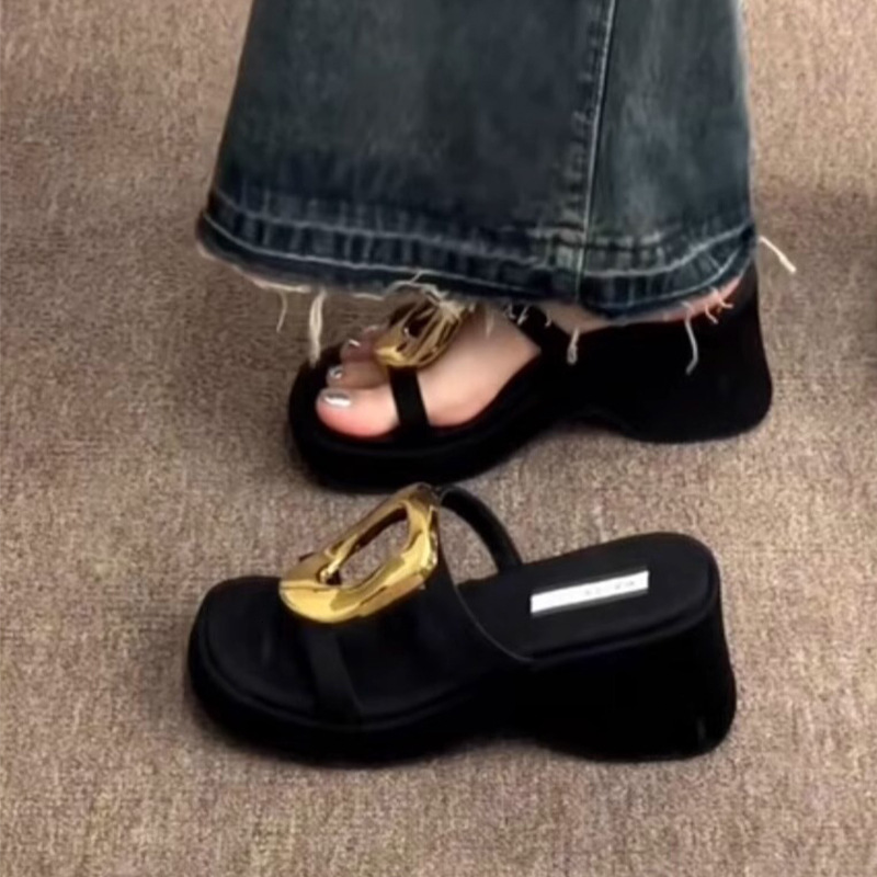 Ddmyoutdoor Ddmyoutdoor French Style Black Thick Soled Sandals For Women Summer New Niche Fashion Simple Metal One Strap Beach Slippers Outdoor Shoes 