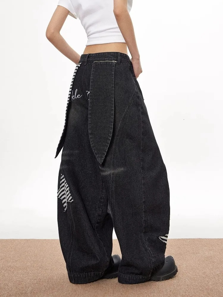 Black Womens Jeans High Waist Vintage n Hip Hop Baggy Denim Pants Street Y2K American Style Wide Leg Trousers 250612