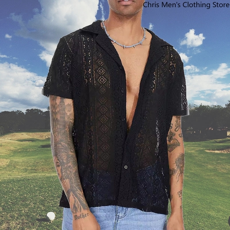 Stock Quick Mens Lace Shortsleeved Shirt Sexy Perspective Holiday Casual Hollowout Summer Thin Trend w250520