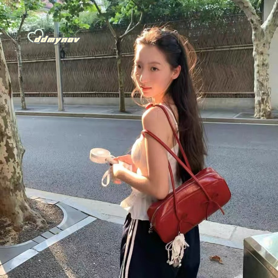 Niche Design Red Boston Bag for Women Fashion Versatile Bowknot Shoulder Underarm Baguette Handbag ddmynov