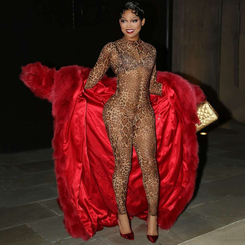 New Slim Fit Fashion Sexy Leopard Print Wild Girl Sheer Mesh Jumpsuit Bodysuit B5