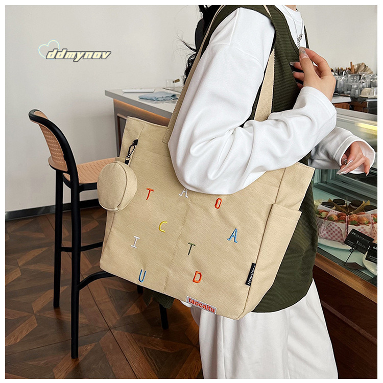 Design Embroidered Letter Versatile Commuter Canvas Tote Bag Casual Literary Student Shoulder Handbag ddmynov