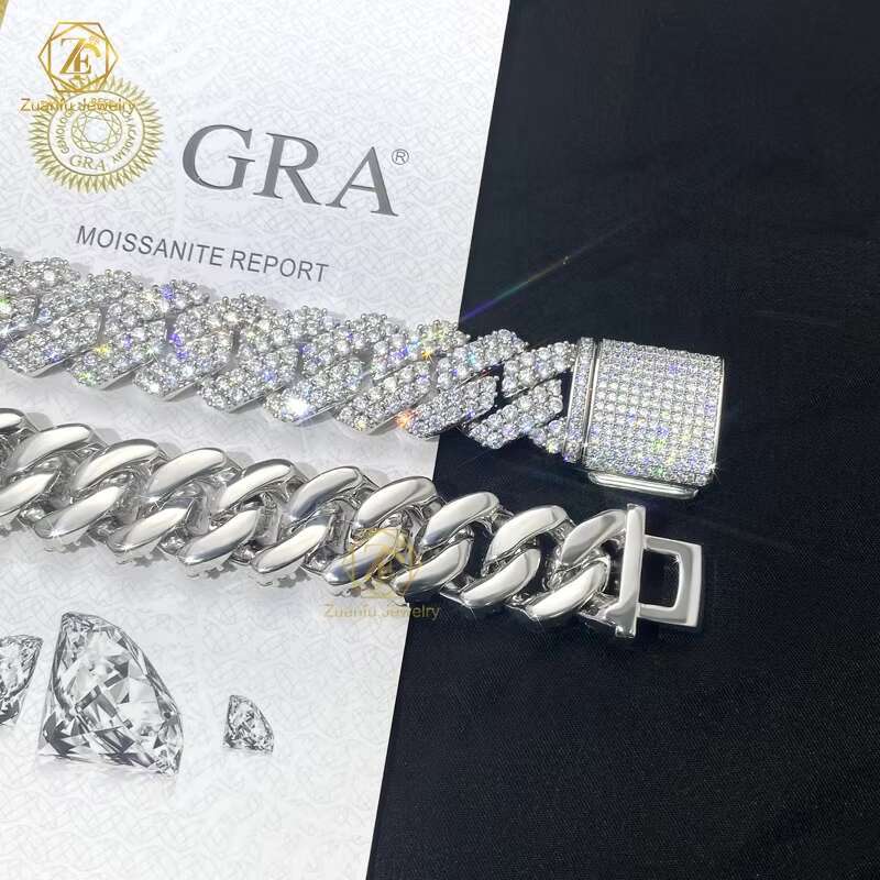 Hiphop Iced Out Cuban Chain VVS Moissanite 2 Rows Gold Cuban Necklace 925 Sterling Silver Diamond Moissanite Cuban Link Chain